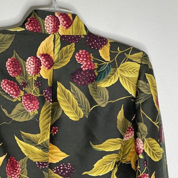 Linda Allard Ellen Tracy Green Silk Berry Print Button Up Blazer Size 10 - Picture 7 of 16